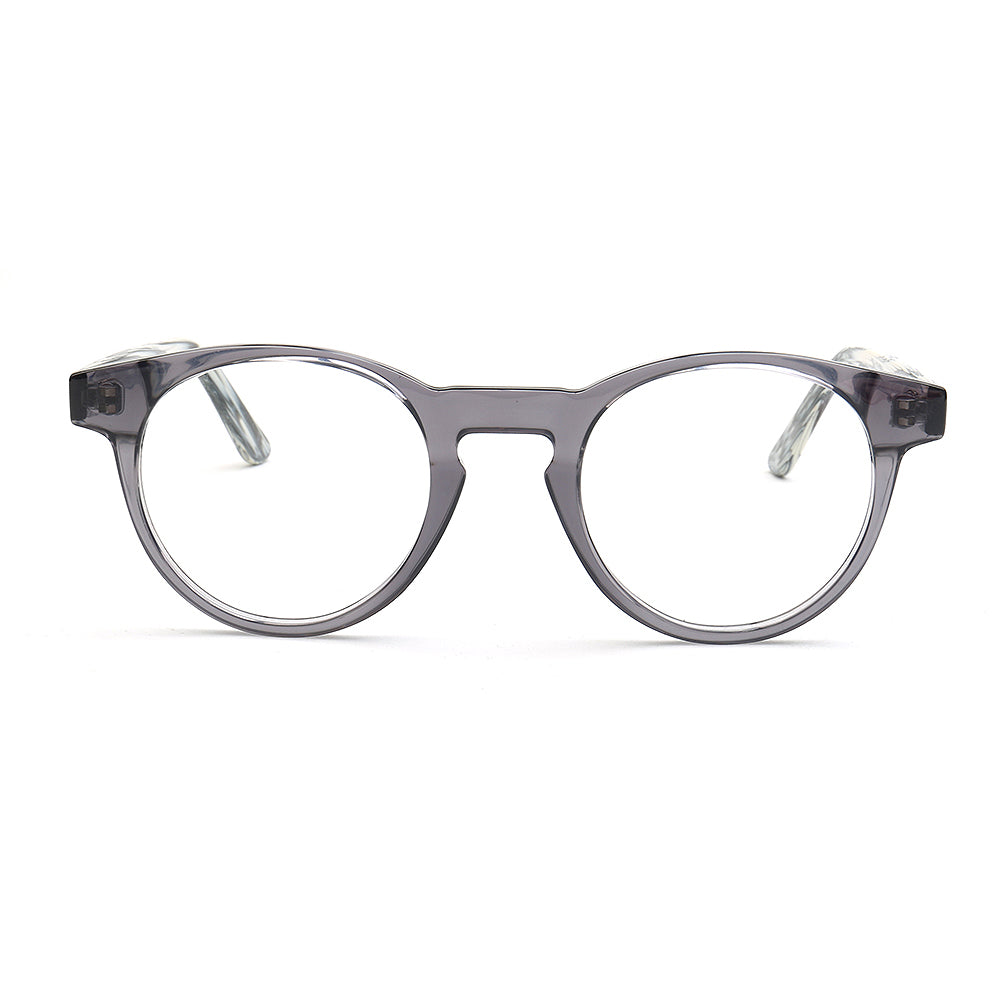 Front view of round grey eyeglasses