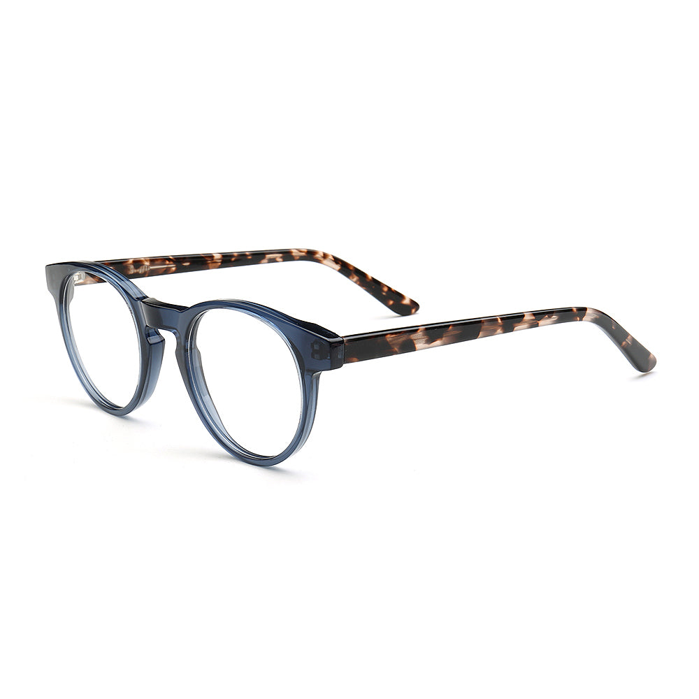 A pair of blue and tortoise eyeglass frames