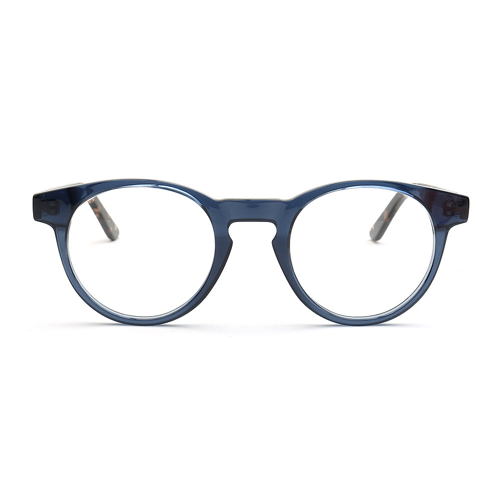 Front view of blue and tortoise eyeglasses