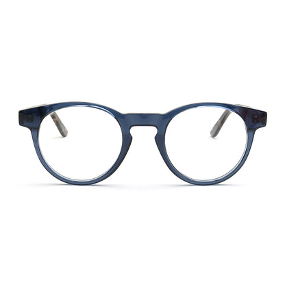 Front view of blue and tortoise eyeglasses