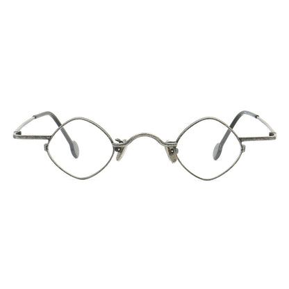 A pair of grey shield shaped metal eyeglass frames