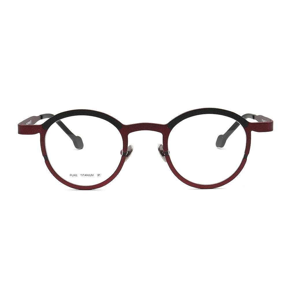 Front view of burgundy titanium eyeglasses