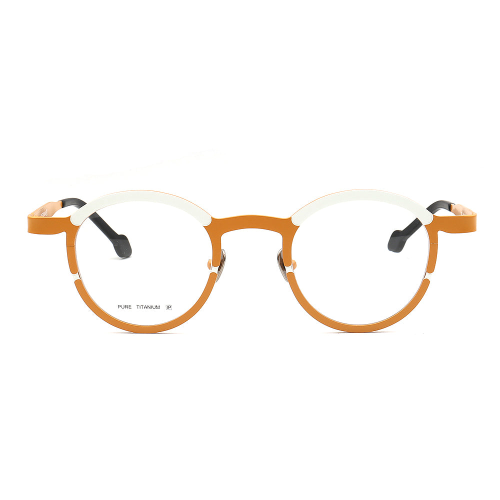Front view or orange and white titanium eyeglasses