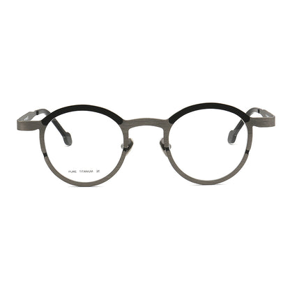 Front view of black and grey round titanium eyeglasses