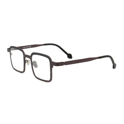 Side view of brown and black square titanium eyeglasses