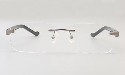Front view of grey rectangular rimless eyeglasses