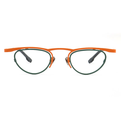 A pair of funky green and orange titanium eyeglasses