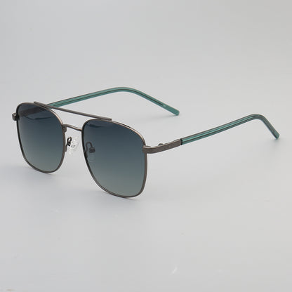 Side view of gunmetal colored double bridge sunglasses