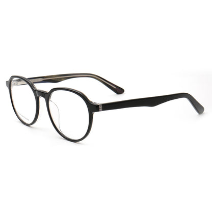 Side view of black round full rim eyeglasses frames