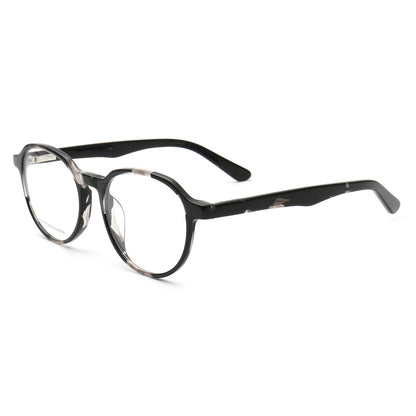 Side view of black patterned round full rim eyeglasses frames