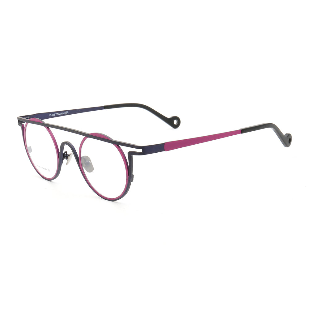 Side view of pink round titanium eyeglasses