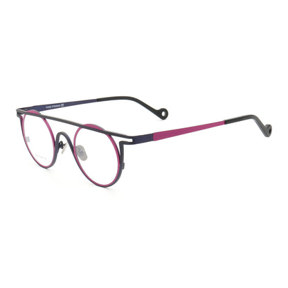 Side view of pink round titanium eyeglasses