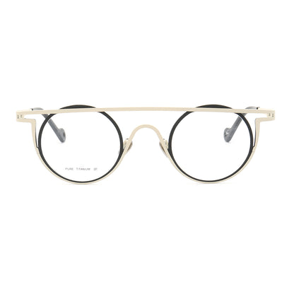 Front view of white and black round eyeglasses