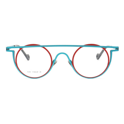 Front view of blue and red titanium eyeglasses