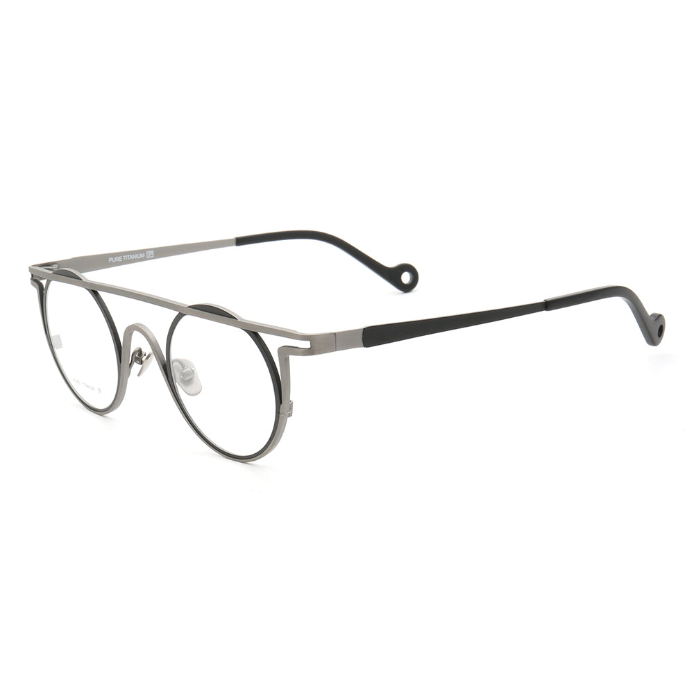 Side view of black and grey round titanium eyeglasses