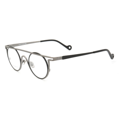 Side view of black and grey round titanium eyeglasses