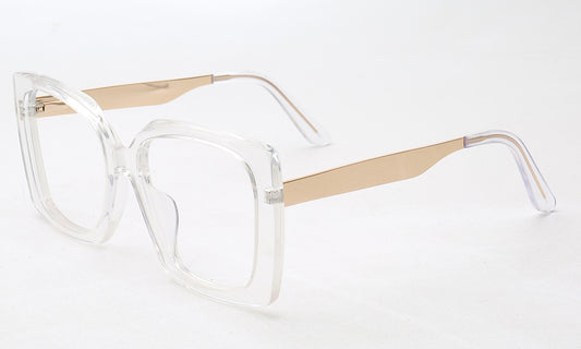 Side view of clear and gold oversized butterfly eyewear frames