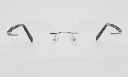 Front view of round rimless silver eyeglasses