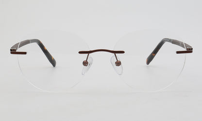 Front view of bronze round rimless eyeglass frames
