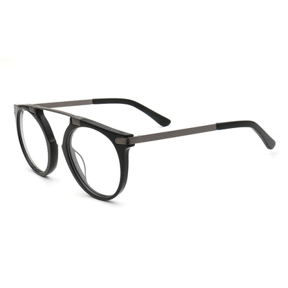 A pair of black and grey round full rim flat top glasses
