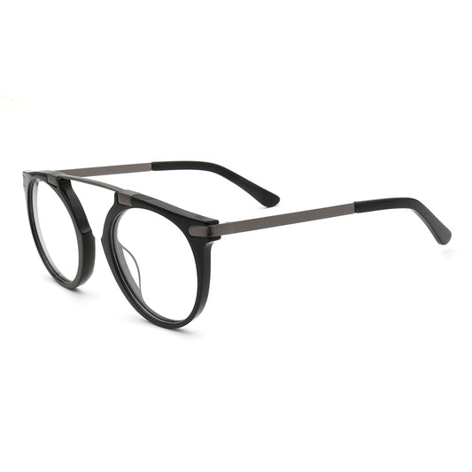 A pair of black and grey round full rim flat top glasses