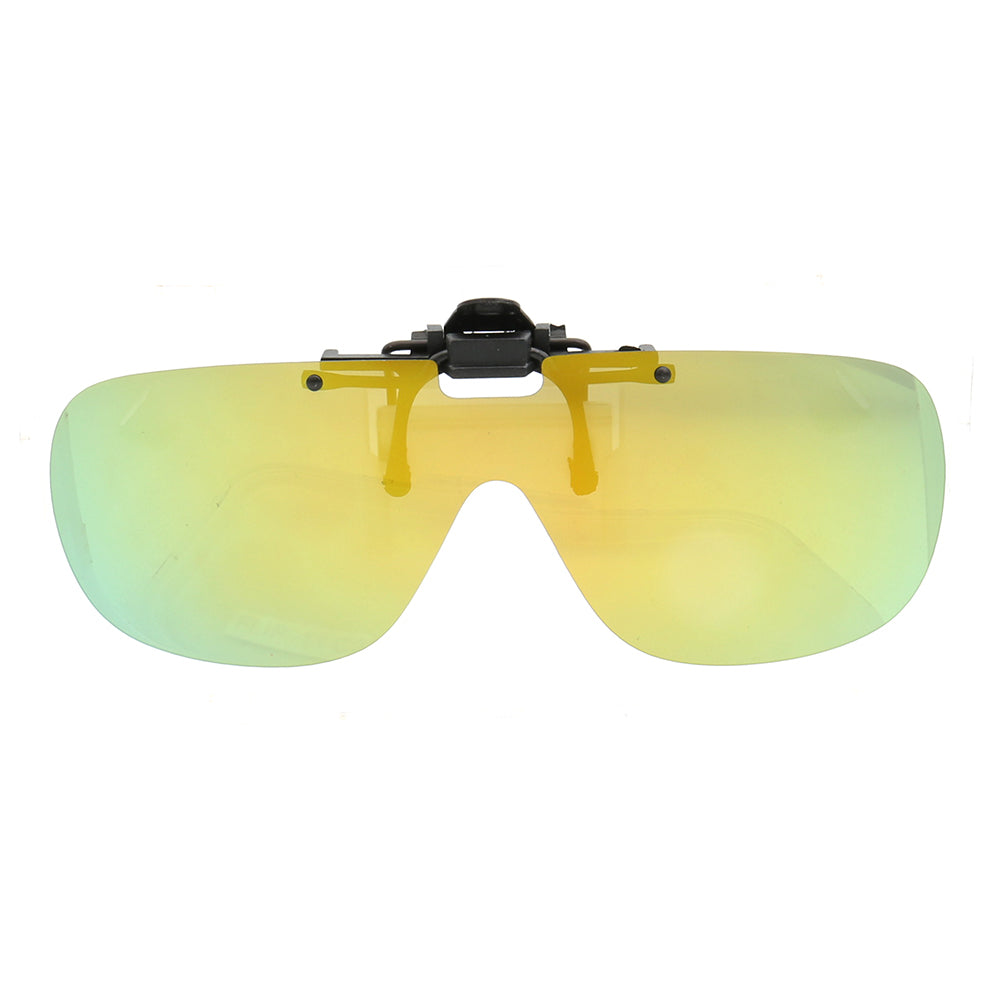 Yellow shield shaped clip on sunglasses