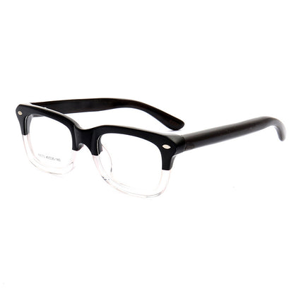 A pair of black and clear wood full rim glasses frames
