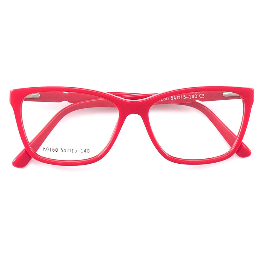 A pair of red full rim acetate eyeglasses for women