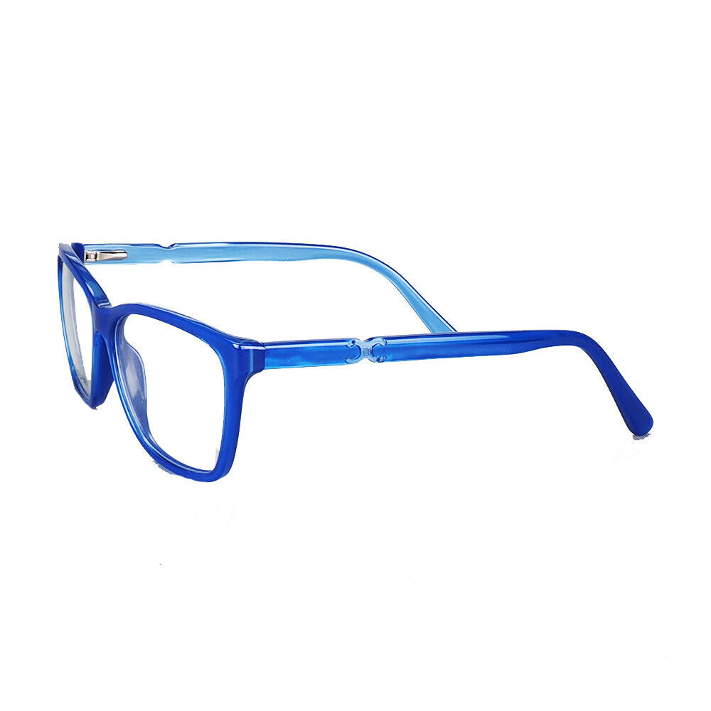 Side view of blue acetate full rim glasses for women