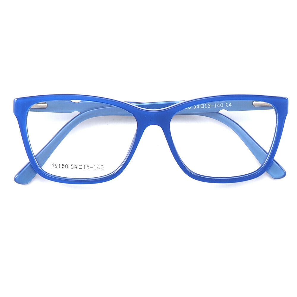 A pair of blue full rim acetate eyeglasses for women