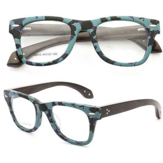 Front and side view of blue camo wooden glasses