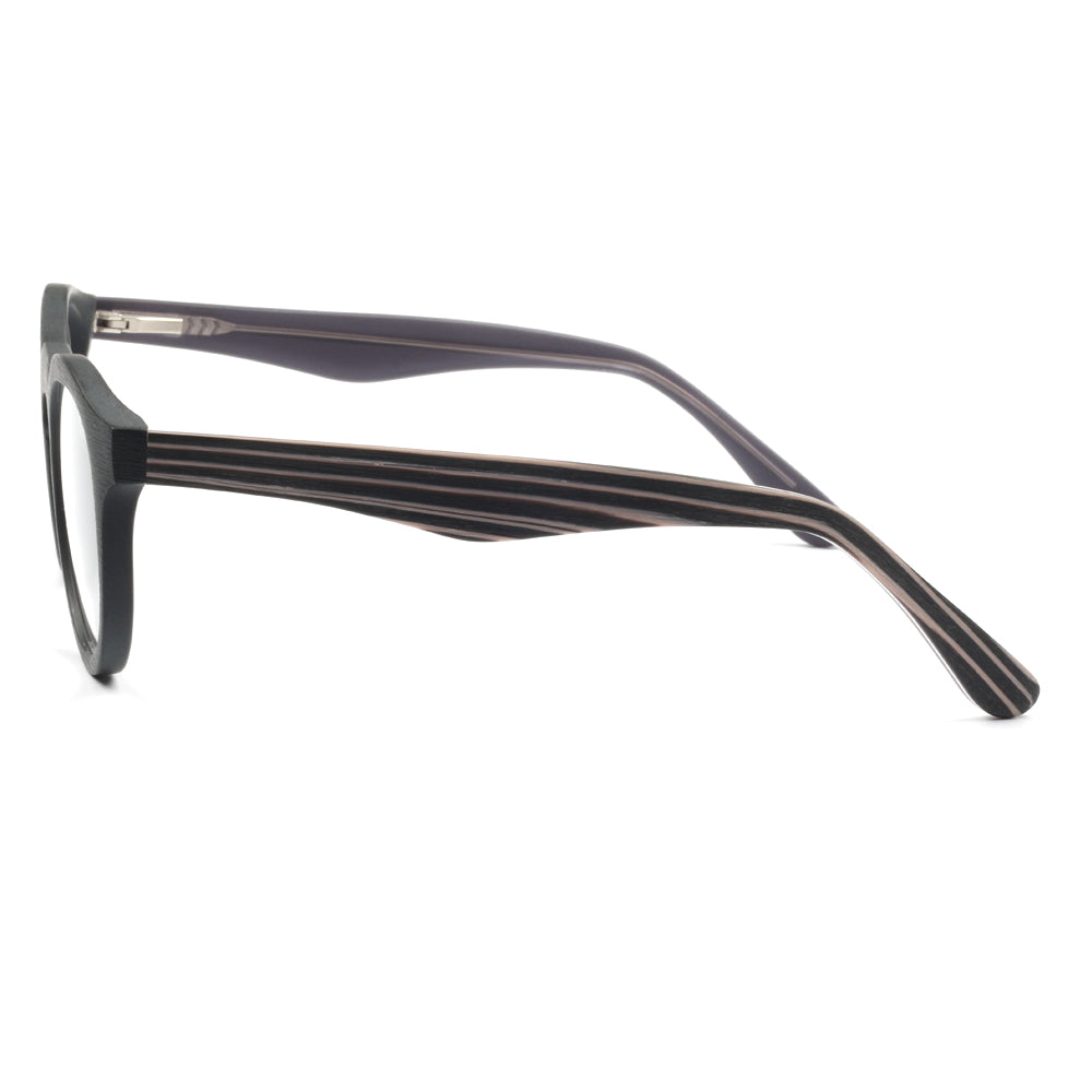 Side view of black striped eyeglass frames