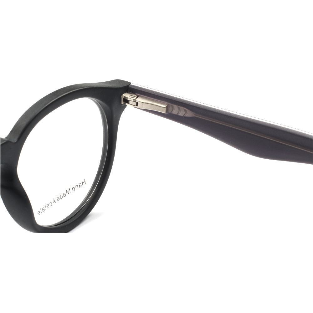 Hinge of black retro nerd eyeglasses
