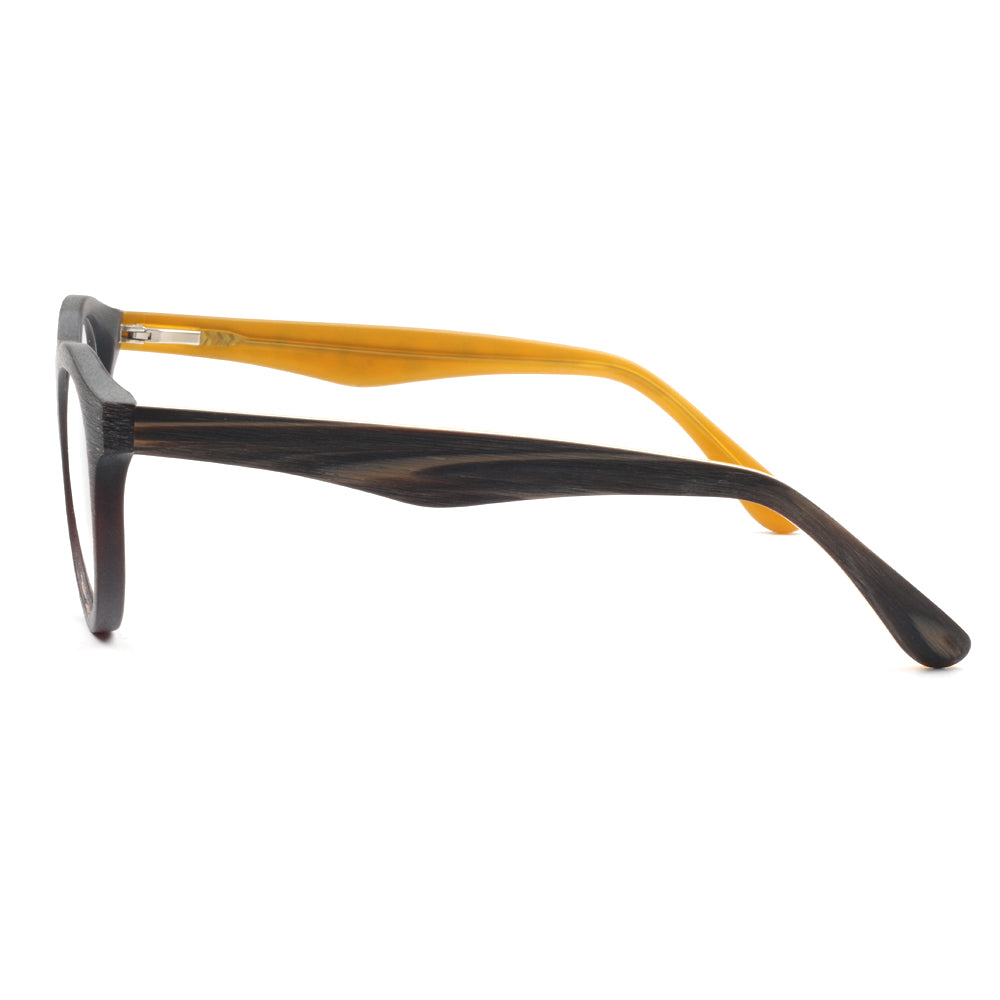 Side view of black and yellow patterned eyeglass frames