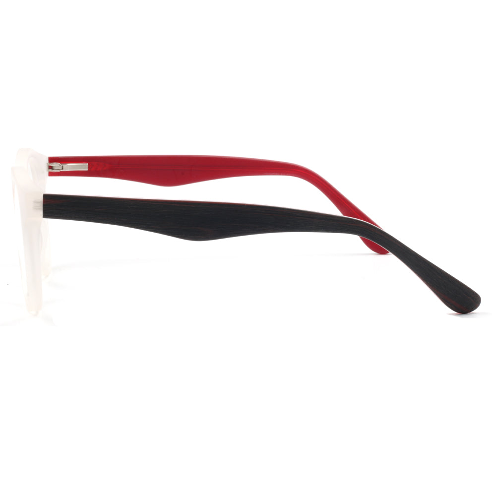 Side view of black and red retro eyeglass frames