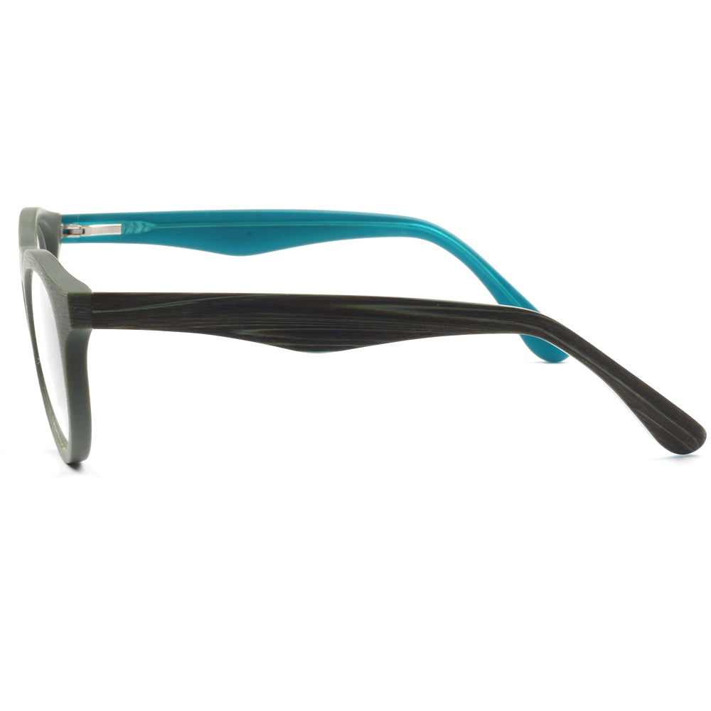 Side view of aqua colored patterned eyeglasses