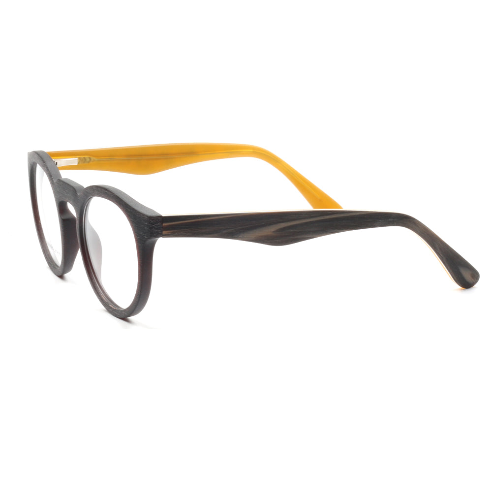 Side view of black and yellow round nerd eyeglass frames