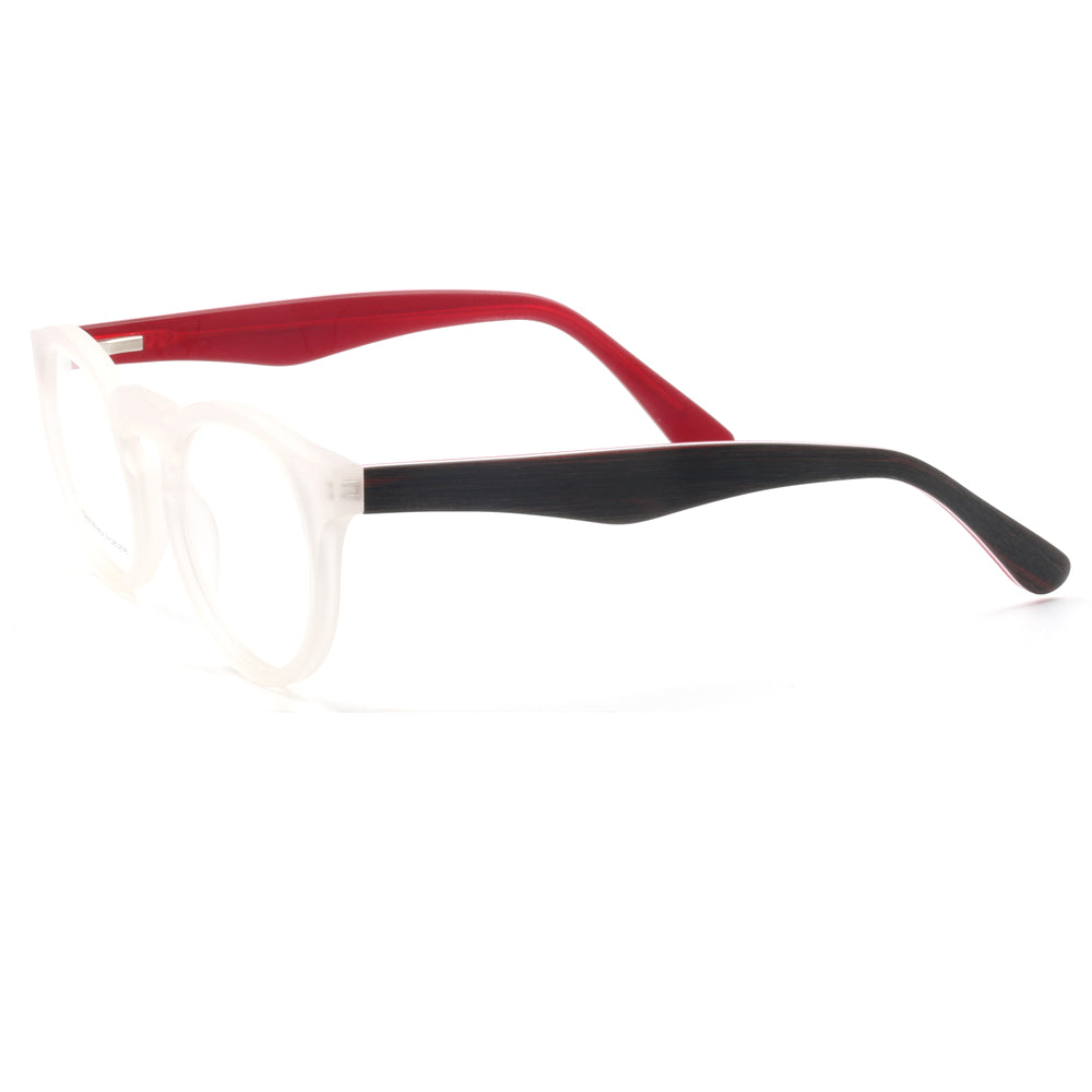 Side view of clear and red retro nerd eyeglass frames