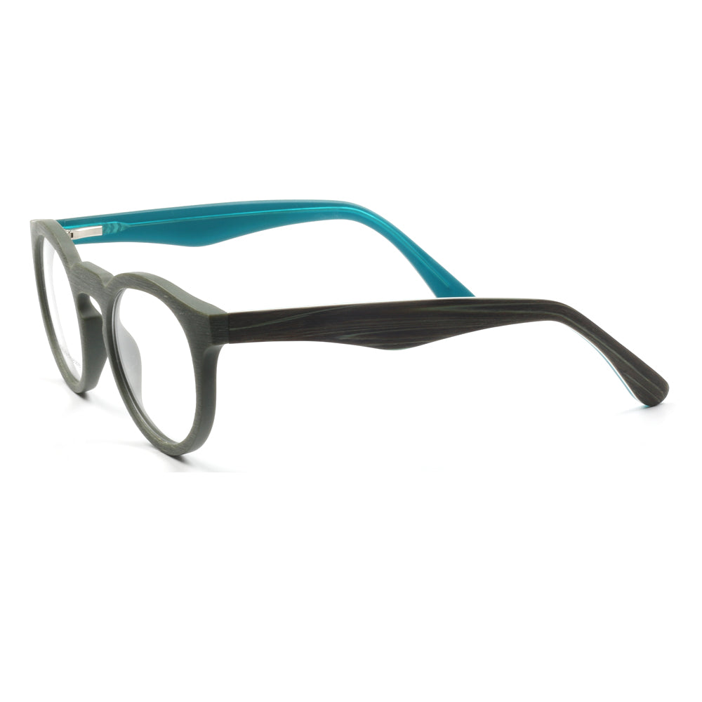 Side view of aqua colored retro eyeglasses