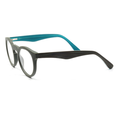 Side view of aqua colored retro eyeglasses