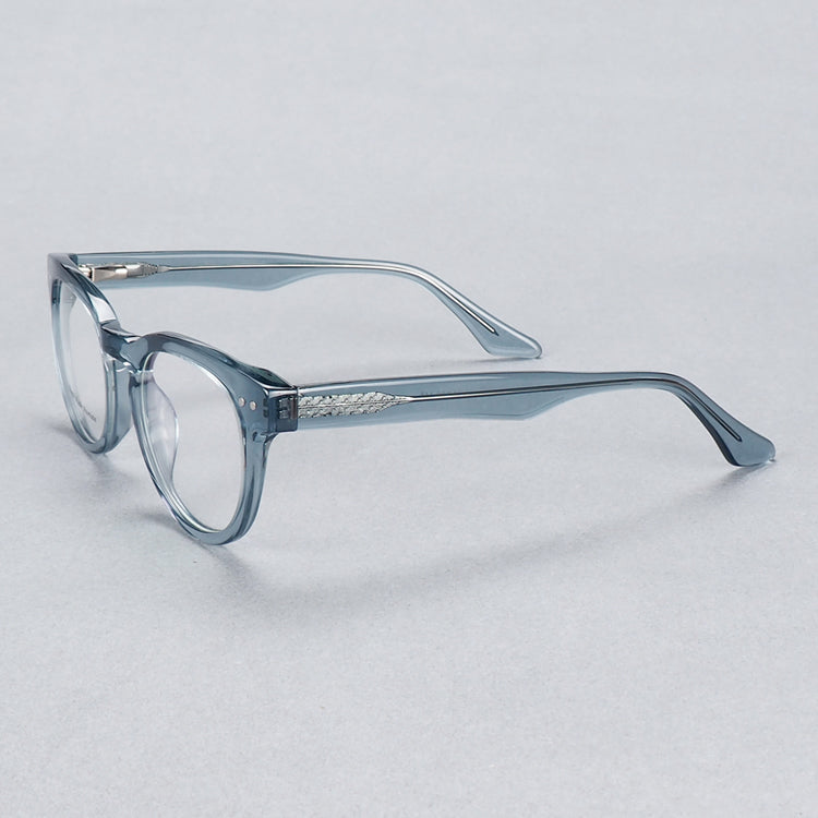 Side view of clear blue grey round glasses frames