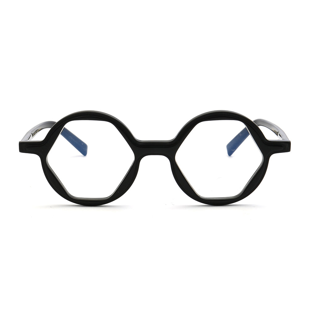 Front view of black hexagon shaped eyeglass frames
