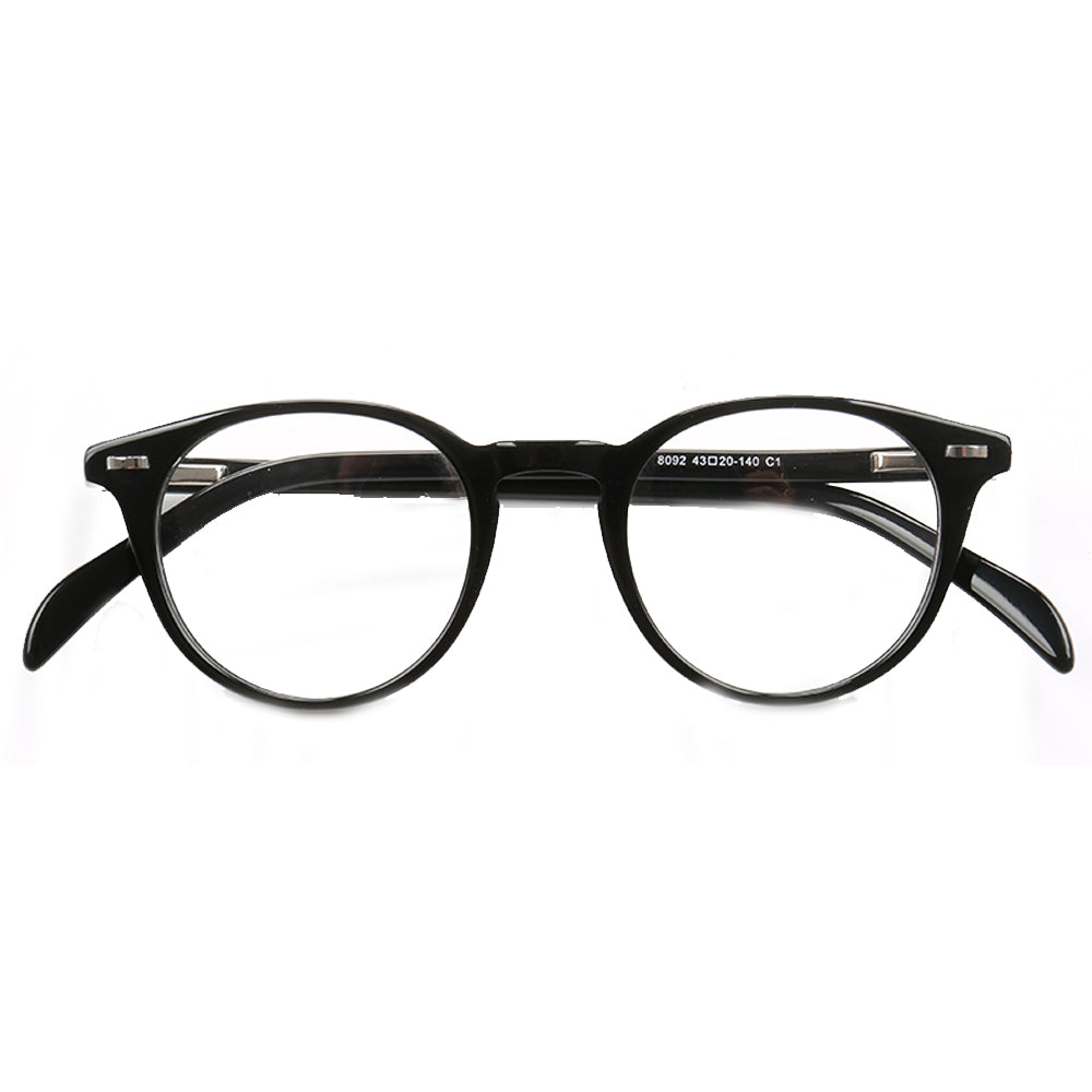 A pair of modern round black eyeglasses