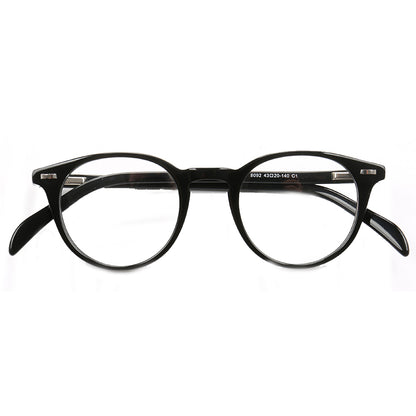 A pair of modern round black eyeglasses