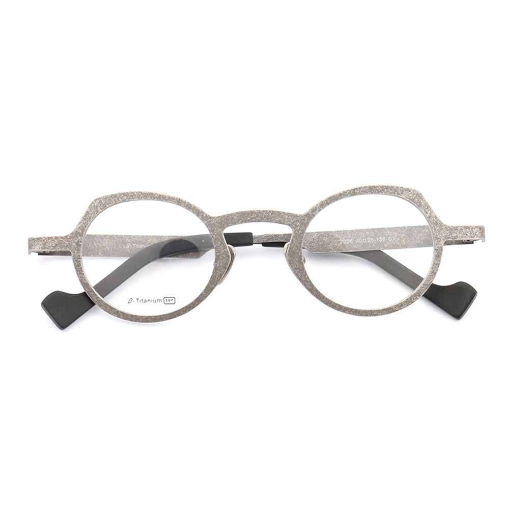 A pair of round grey pure titanium eyeglasses