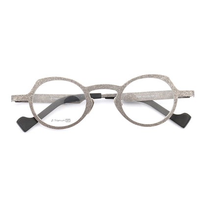 A pair of round grey pure titanium eyeglasses