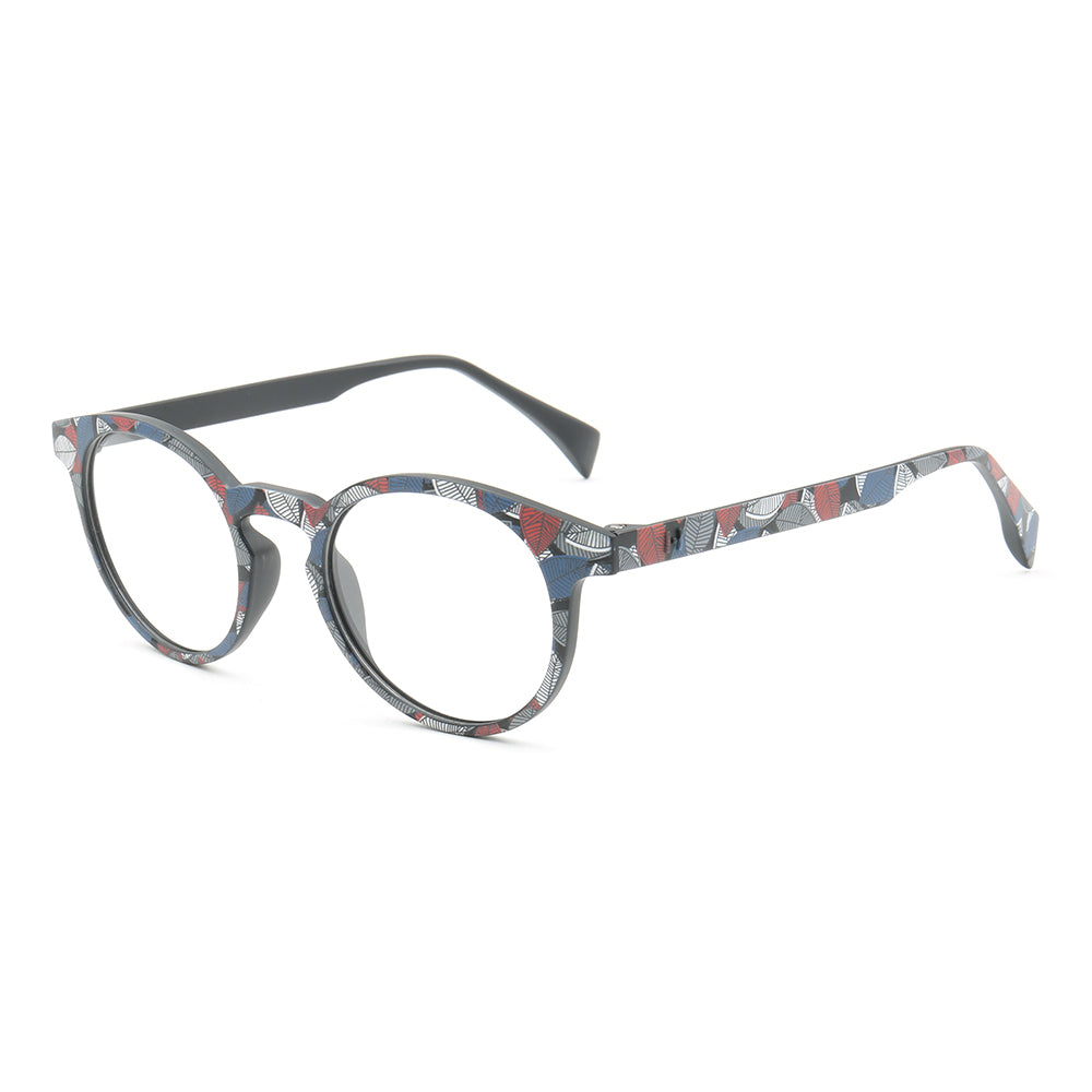 Side view of red white and blue patterned eyeglasses