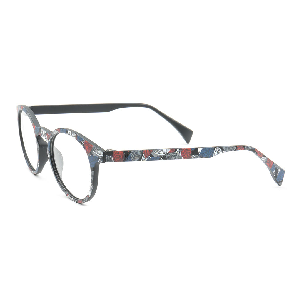 Temple of red white and blue patterned eyeglasses