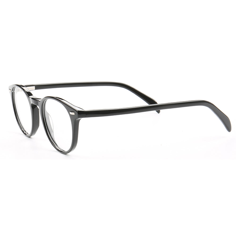 Side view of round black acetate eyeglass frames