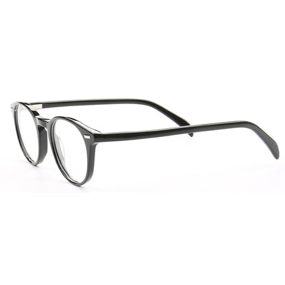 Side view of round black acetate eyeglass frames